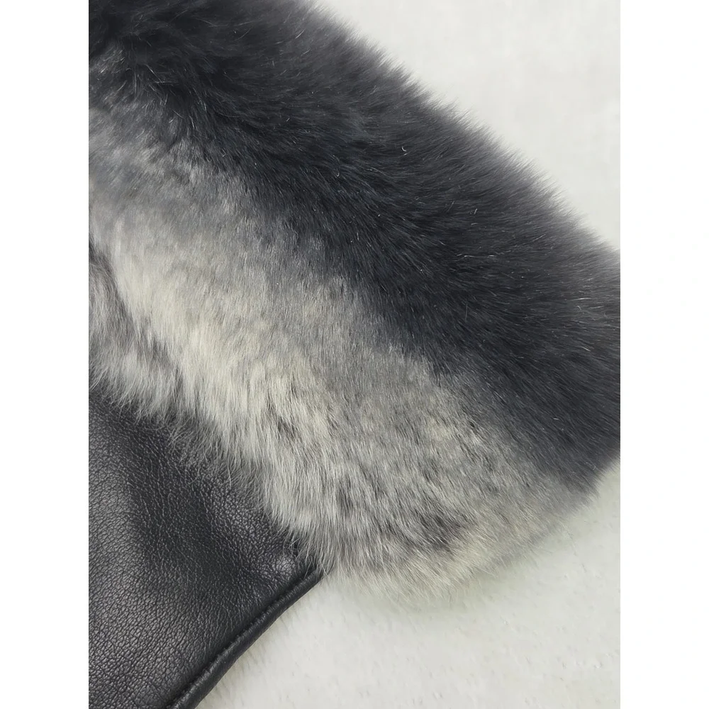 Black Leather Gloves Italy Fur Trim 100% Silk Lining Size M Women's Vintage